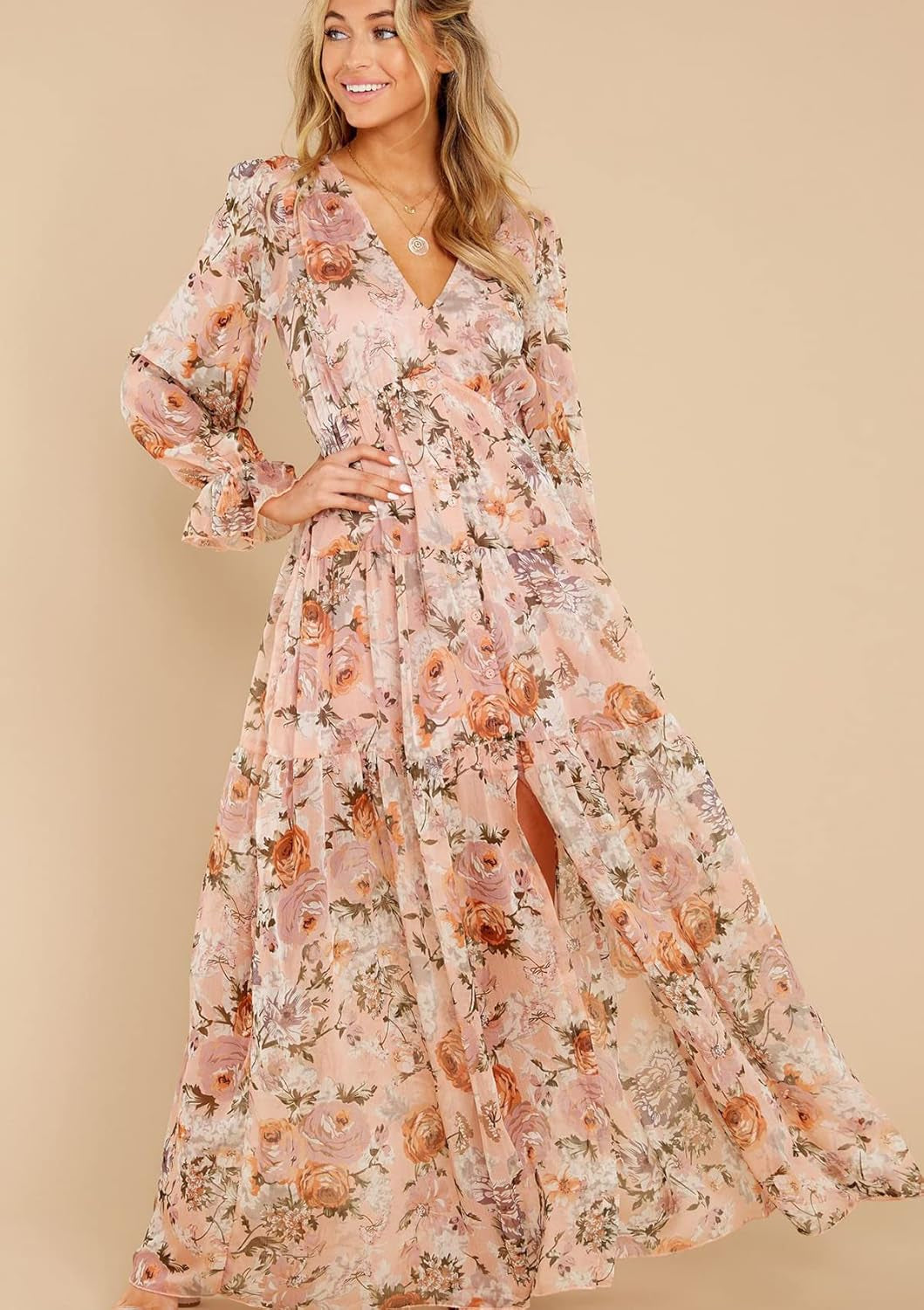 Women'S Long Sleeve V-Neck Floral Maxi Dress Casual Long Dresses Beach Dresses