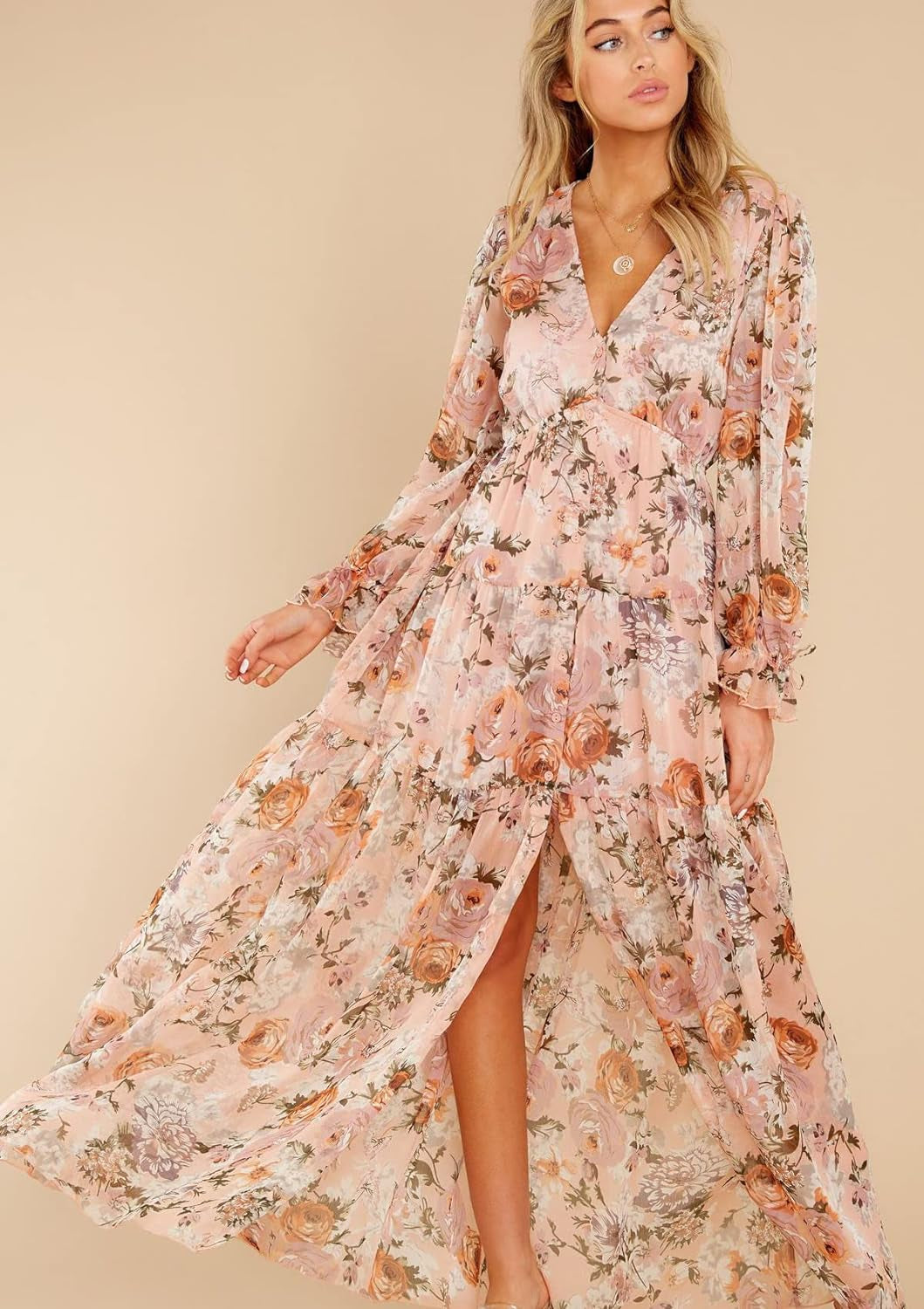 Women'S Long Sleeve V-Neck Floral Maxi Dress Casual Long Dresses Beach Dresses
