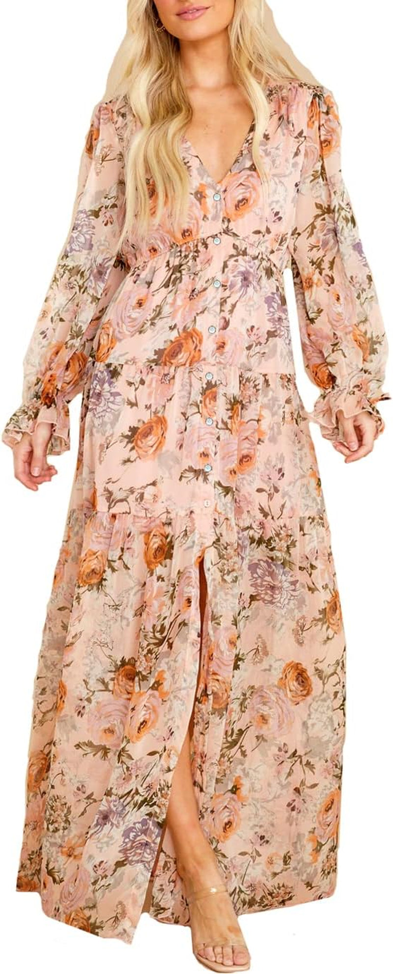 Women'S Long Sleeve V-Neck Floral Maxi Dress Casual Long Dresses Beach Dresses