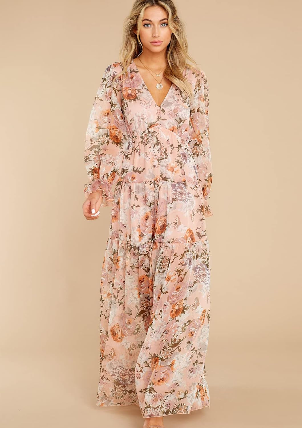 Women'S Long Sleeve V-Neck Floral Maxi Dress Casual Long Dresses Beach Dresses