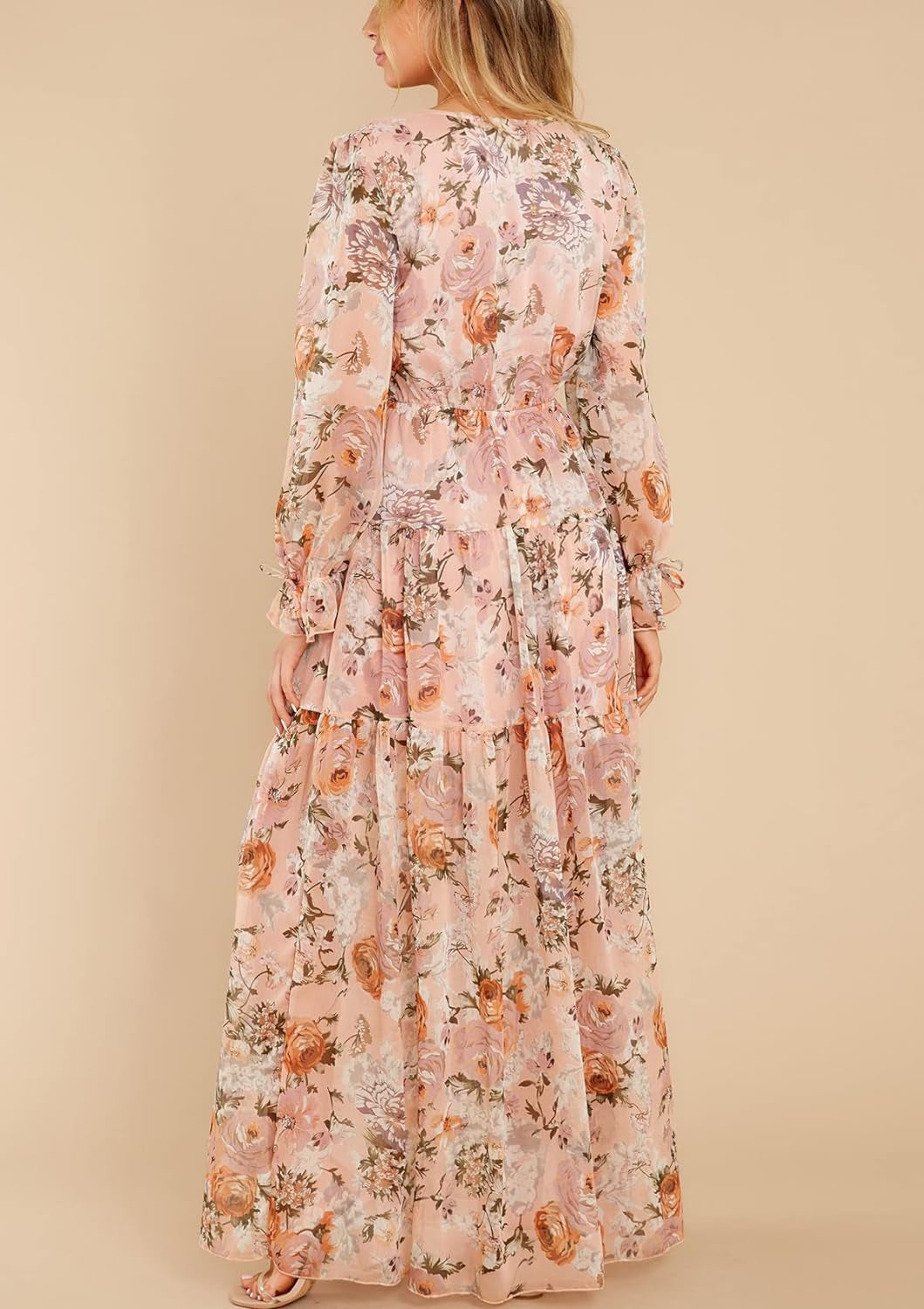 Women'S Long Sleeve V-Neck Floral Maxi Dress Casual Long Dresses Beach Dresses